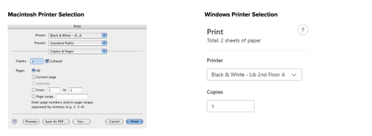 screenshot of printer selection on a mac and windows