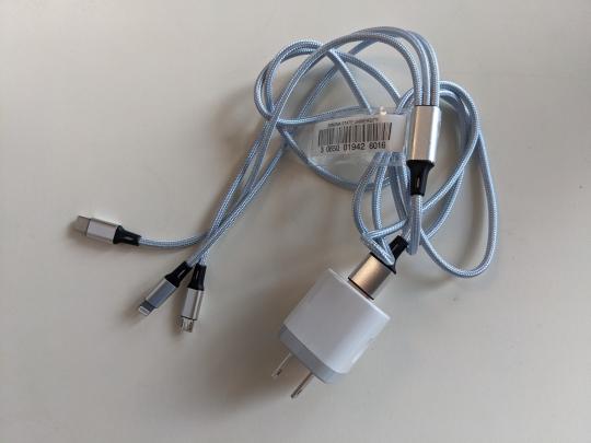 Photo of a phone charger with multiple ends to plug into a mobile device