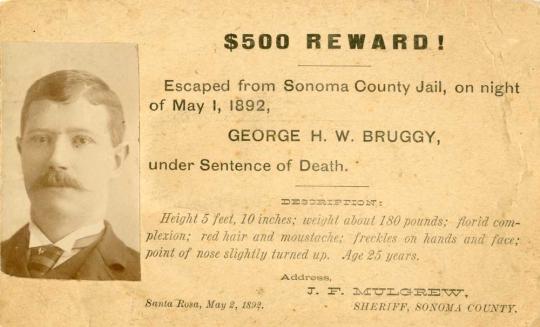 1892 Postcard advertising a reward for the capture of George H. W. Bruggy