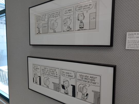 A photograph of two Peanuts comic strips hanging on the wall in the library