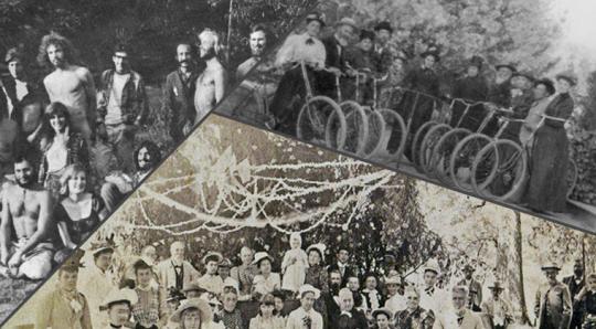 Collage of three images. People on bicycles, people at a picnic and people at Morning Star Ranch.