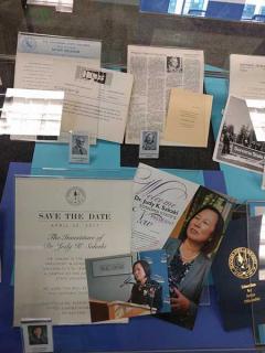 Display case containing articles about Dr Sakaki and previous Sonoma State Presidents.