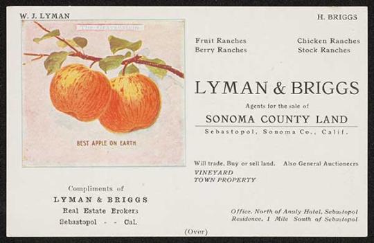 Business card: Lyman and Briggs agents for Sonoma County Lands