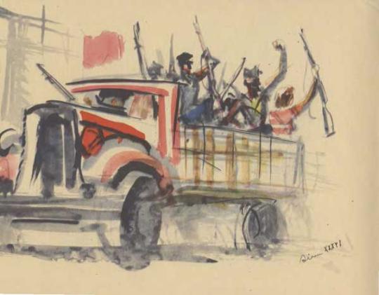 Truck with several people standing in the bed, most carrying weapons.