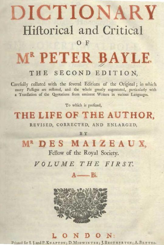 Dictionary Historical and Critical of Mr Peter Bayle