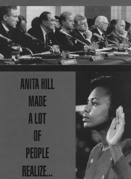 3 sections, the first is 6 men sitting behind a desk, all have microphones. The second panel is text,  Anita Hill made a lot of people realize, the third pabel is a woman taking an oath before testifying. 